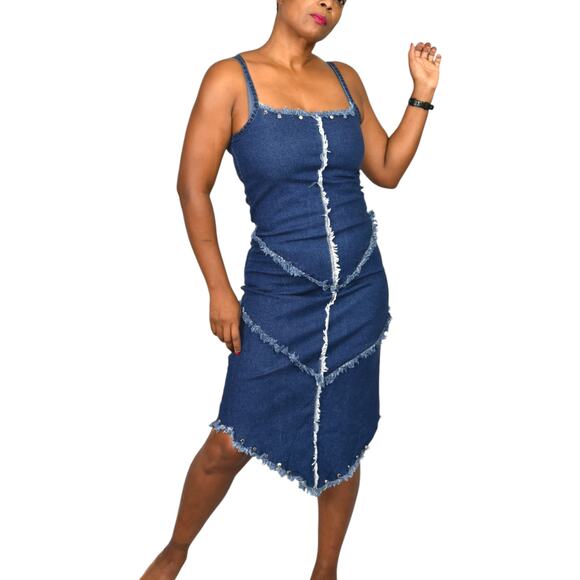 Vintage Denim Dress Blue Bodycon Studs Exposed Seams Asymmetric Pencil Medium - Picture 1 of 14